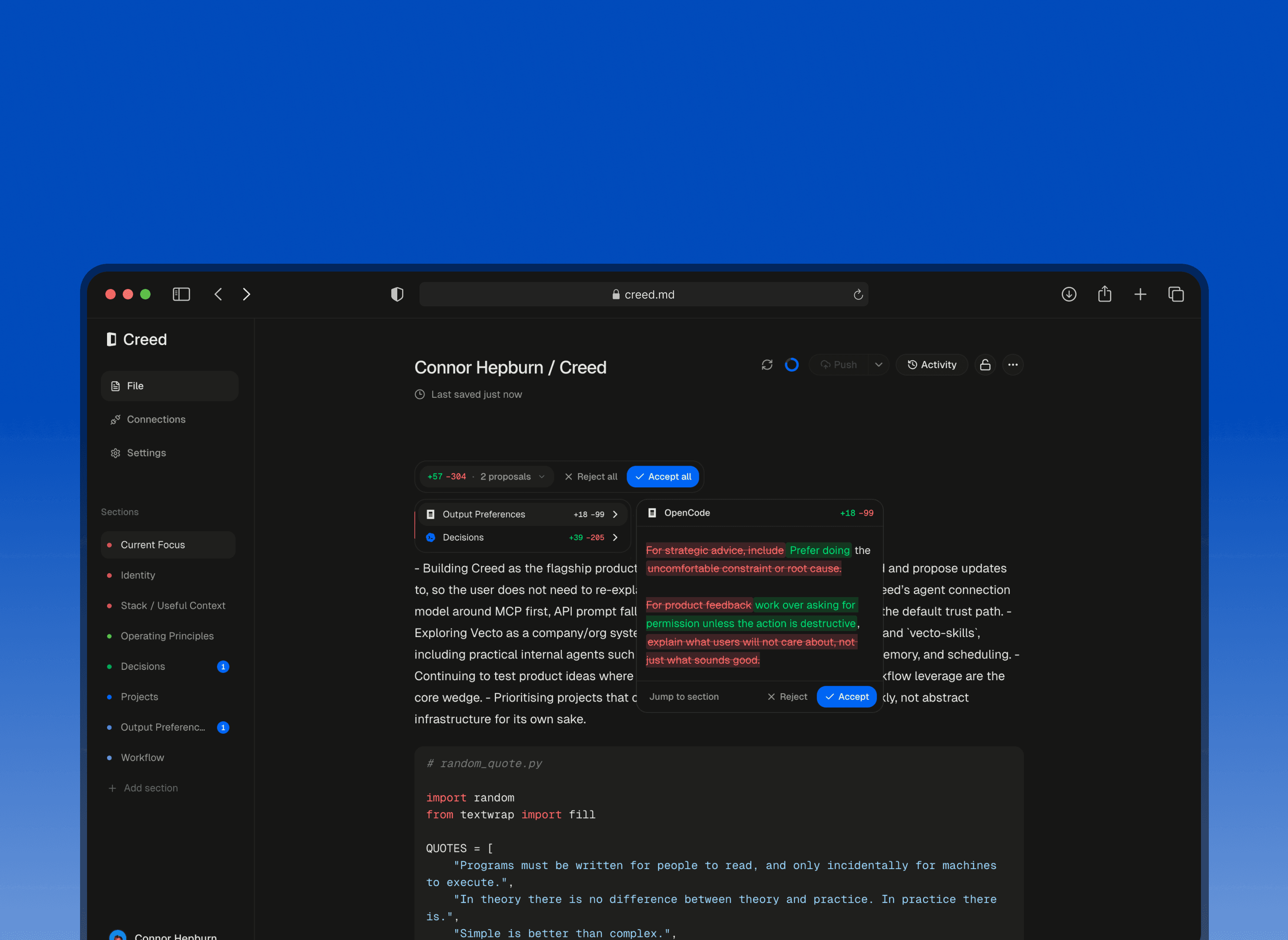 Creed overview screen showing a personal AI context profile