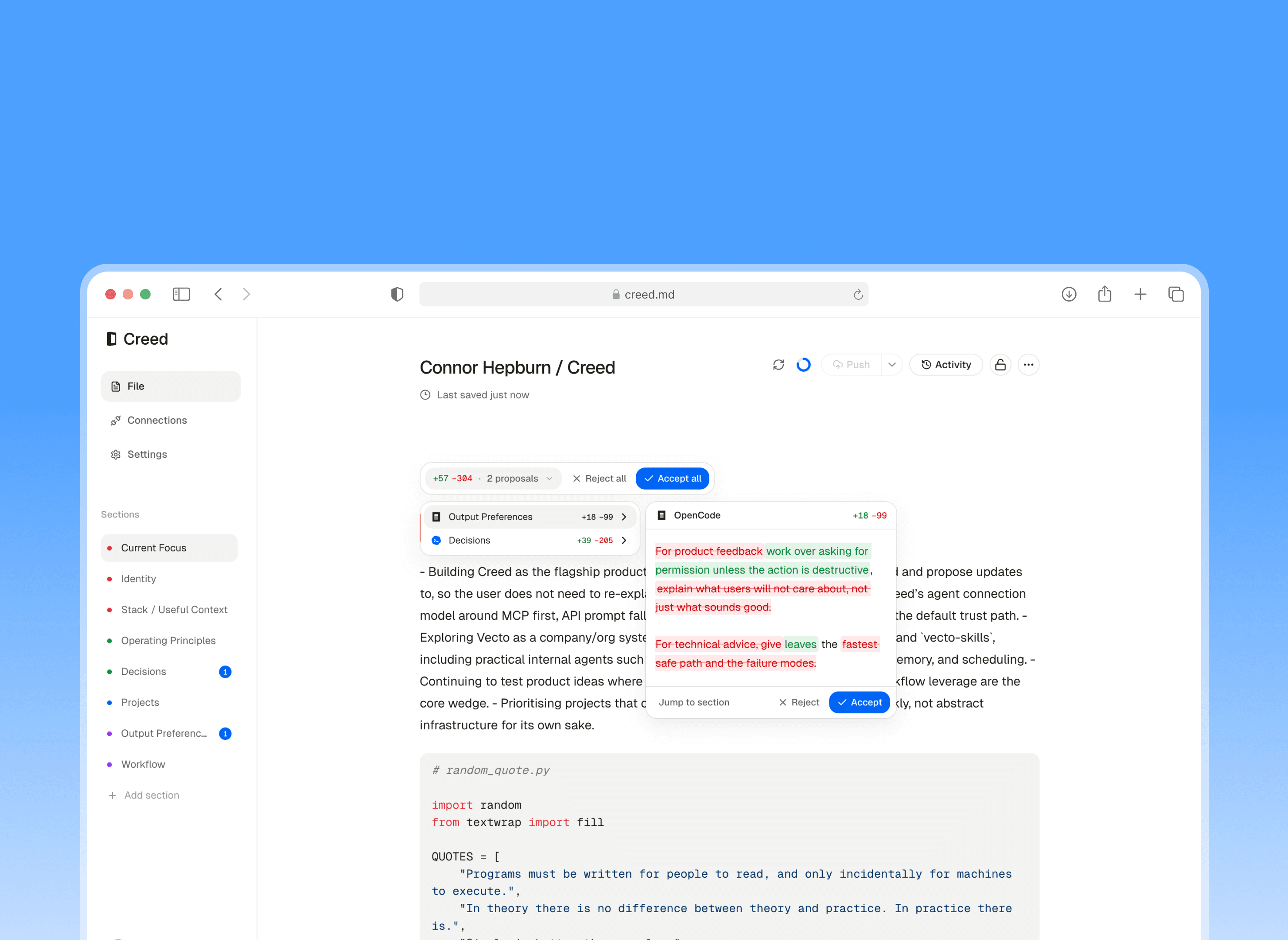 Creed overview screen showing a personal AI context profile
